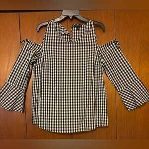 Signature Studio Black and White Checkered Cold Shoulder Blouse
